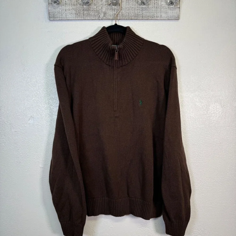 Polo Ralph Lauren Brown Cotton Knit 1/4 Zip Sweater Academia Preppy Y2K Large